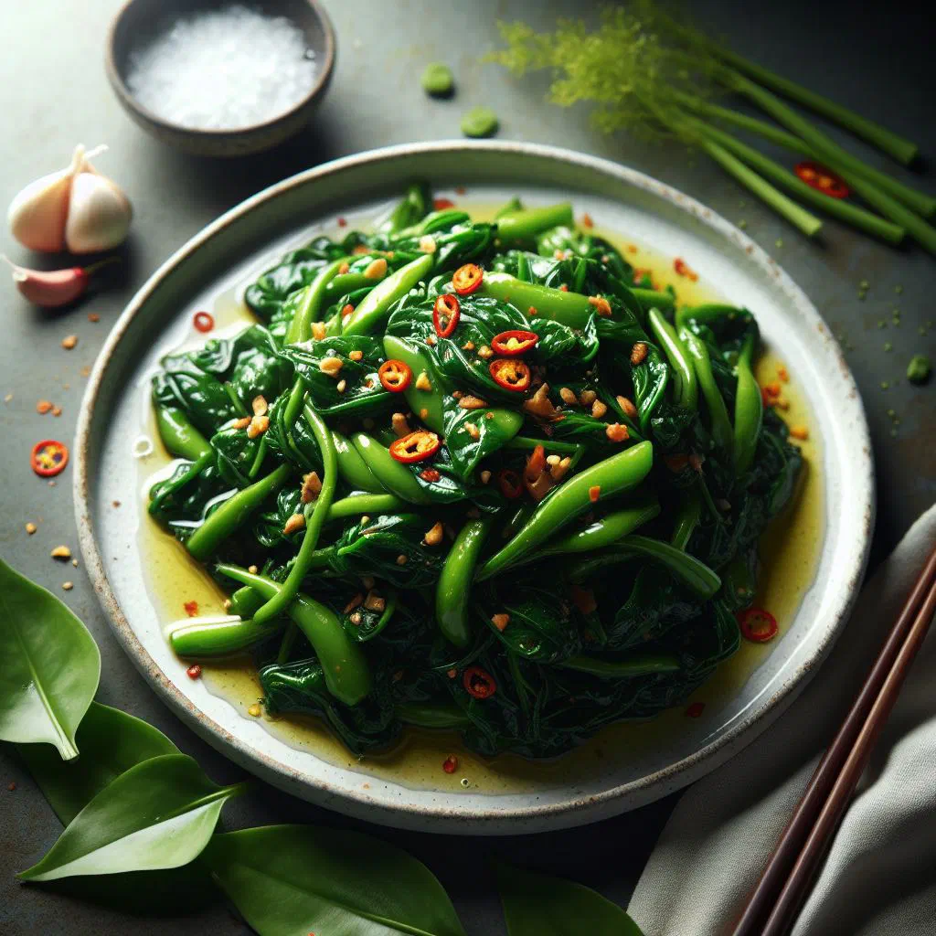 Stir-fried bele leaves with onion and garlic in a pan
