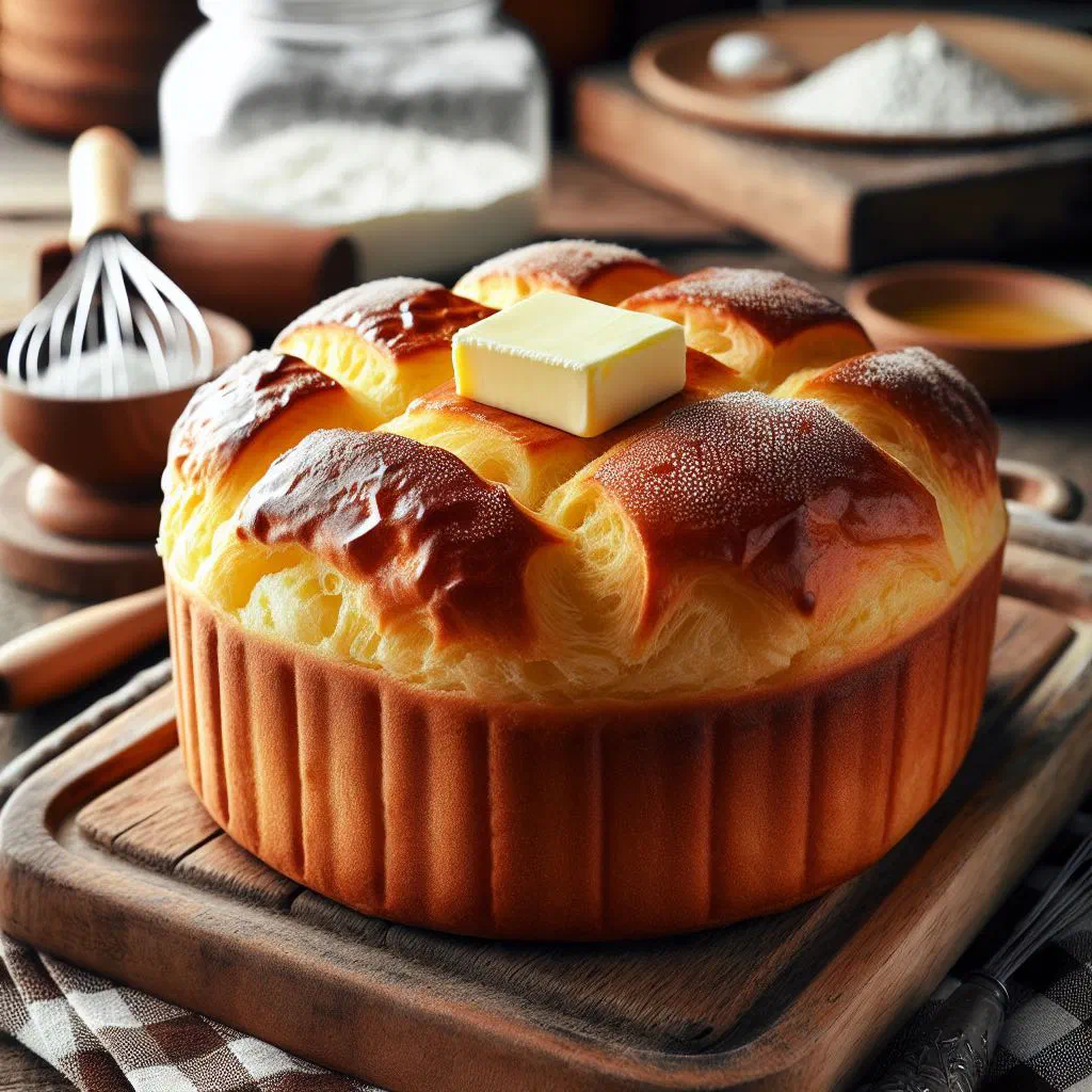 Golden-baked sweet cassava bread sliced on a plate