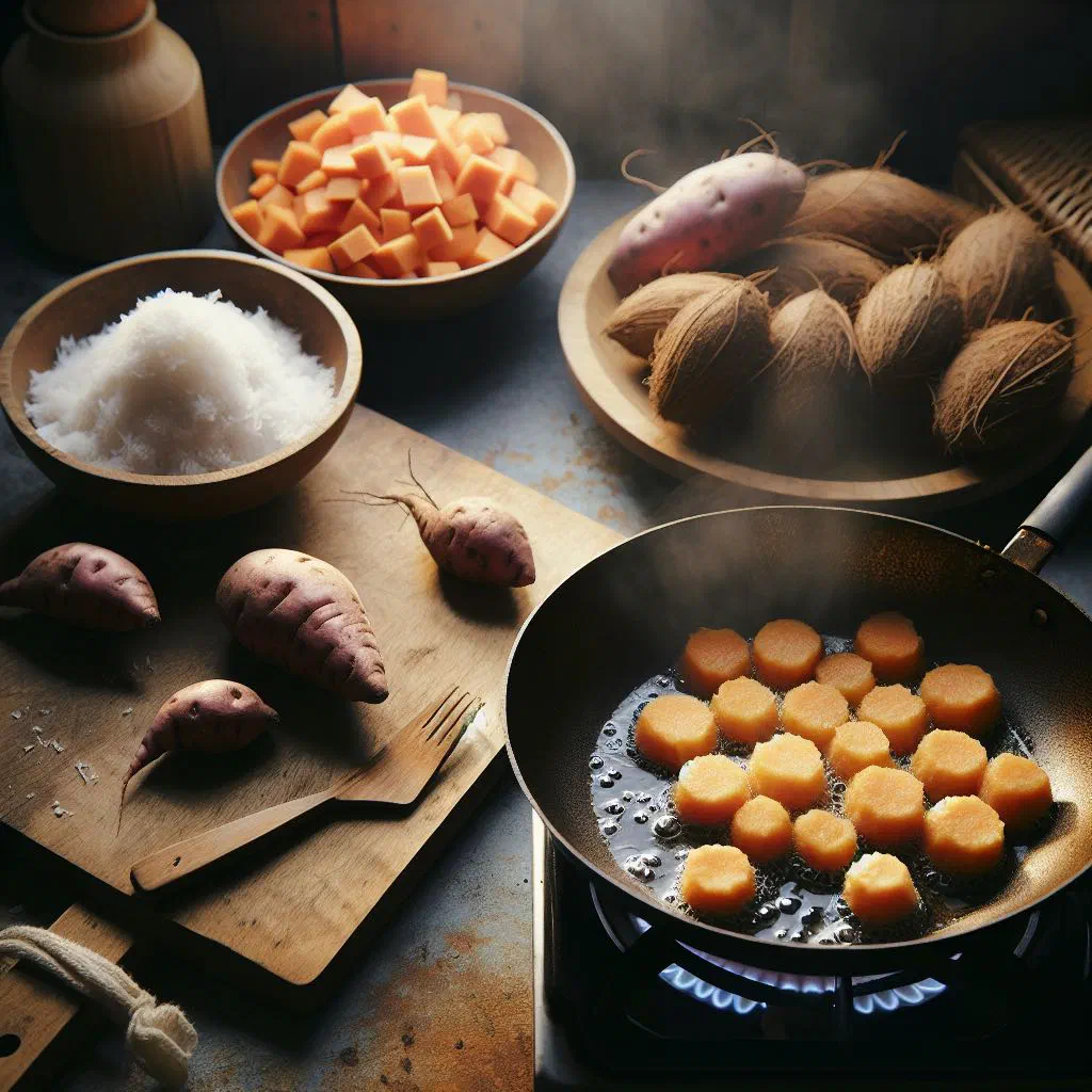 Golden sweet potato and coconut fritters on a plate with fresh herbs