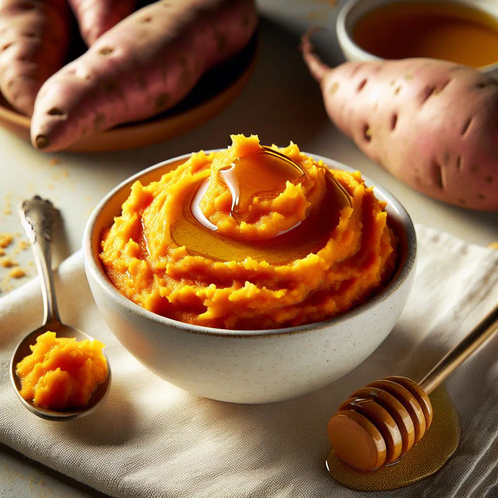 Creamy sweet potato mash drizzled with honey and garnished with fresh herbs