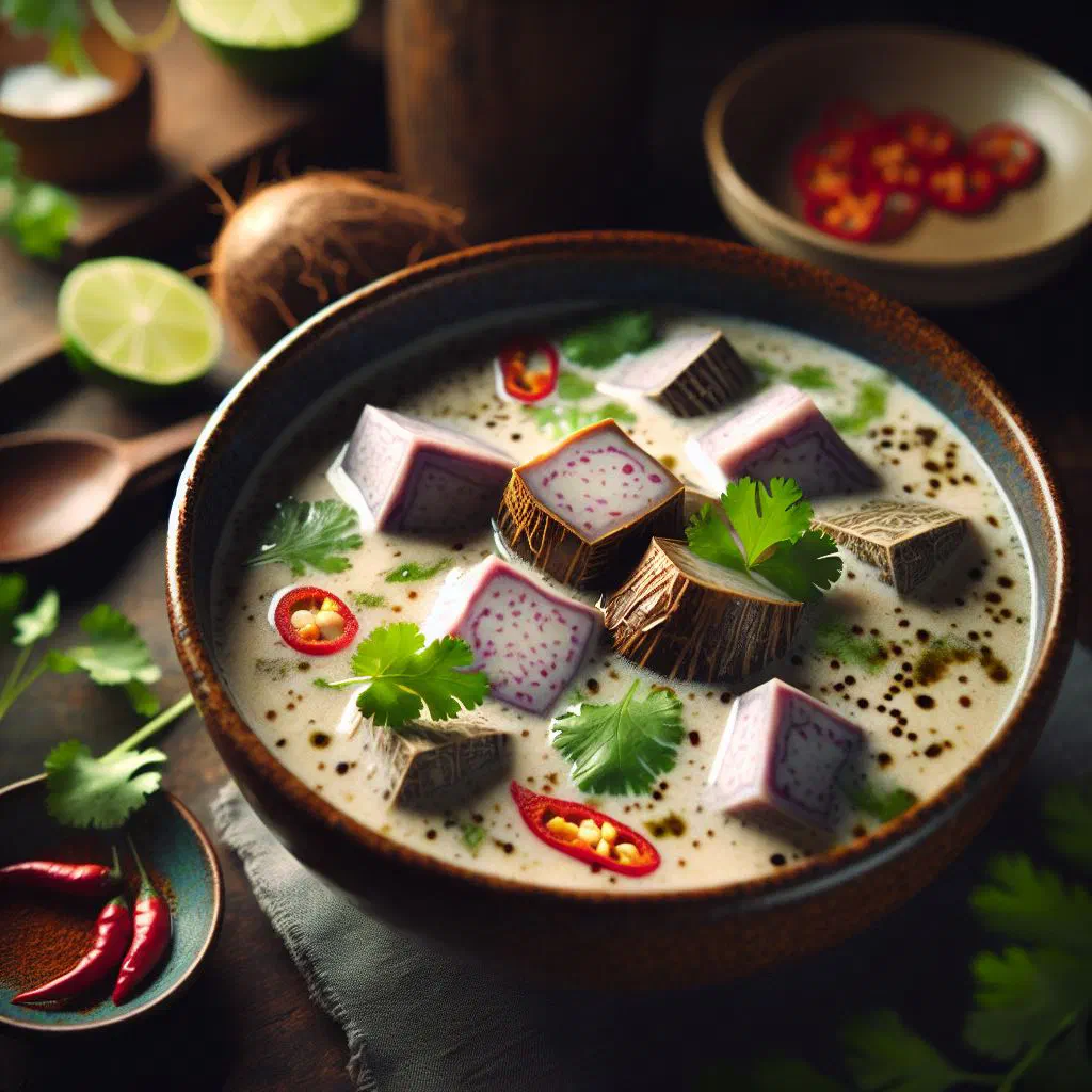 Creamy Fijian taro and coconut stew garnished with fresh herbs