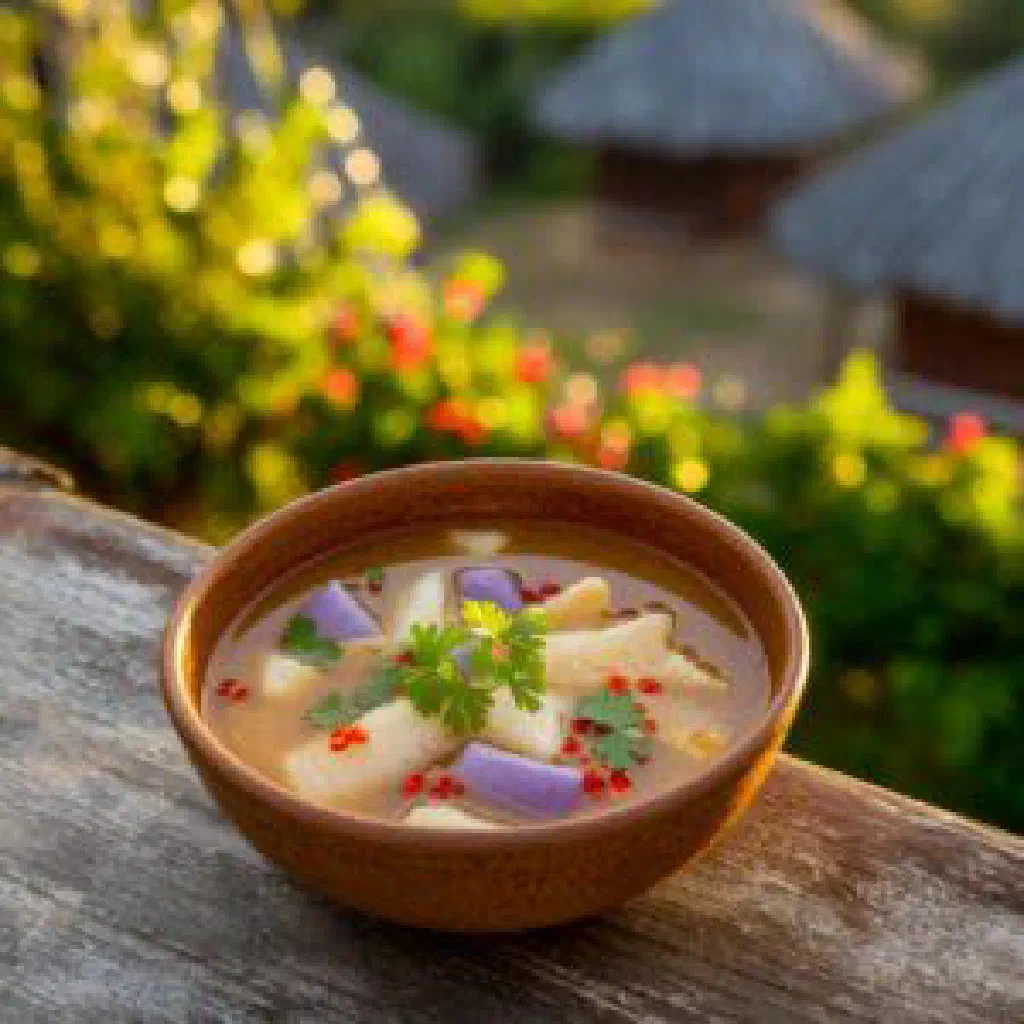 A bowl of Fijian taro and fish soup in creamy coconut broth garnished with fresh coriander