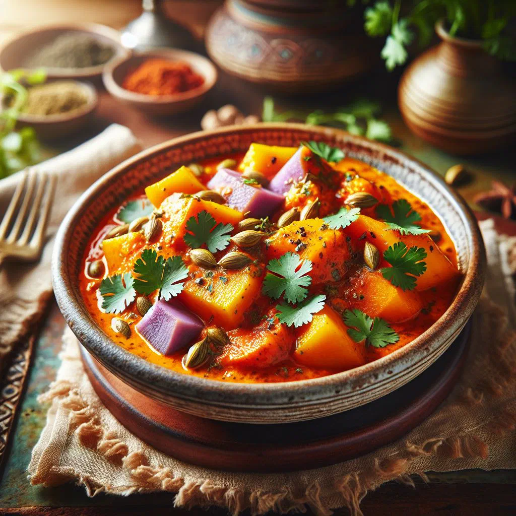 Taro and pumpkin curry in a creamy coconut sauce, garnished with fresh coriander