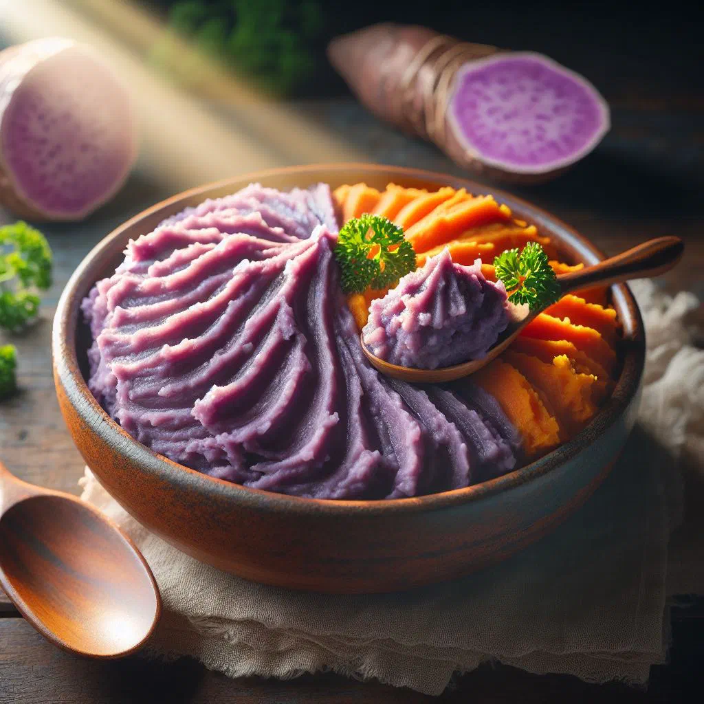 Creamy taro and sweet potato mash topped with fresh herbs in a bowl