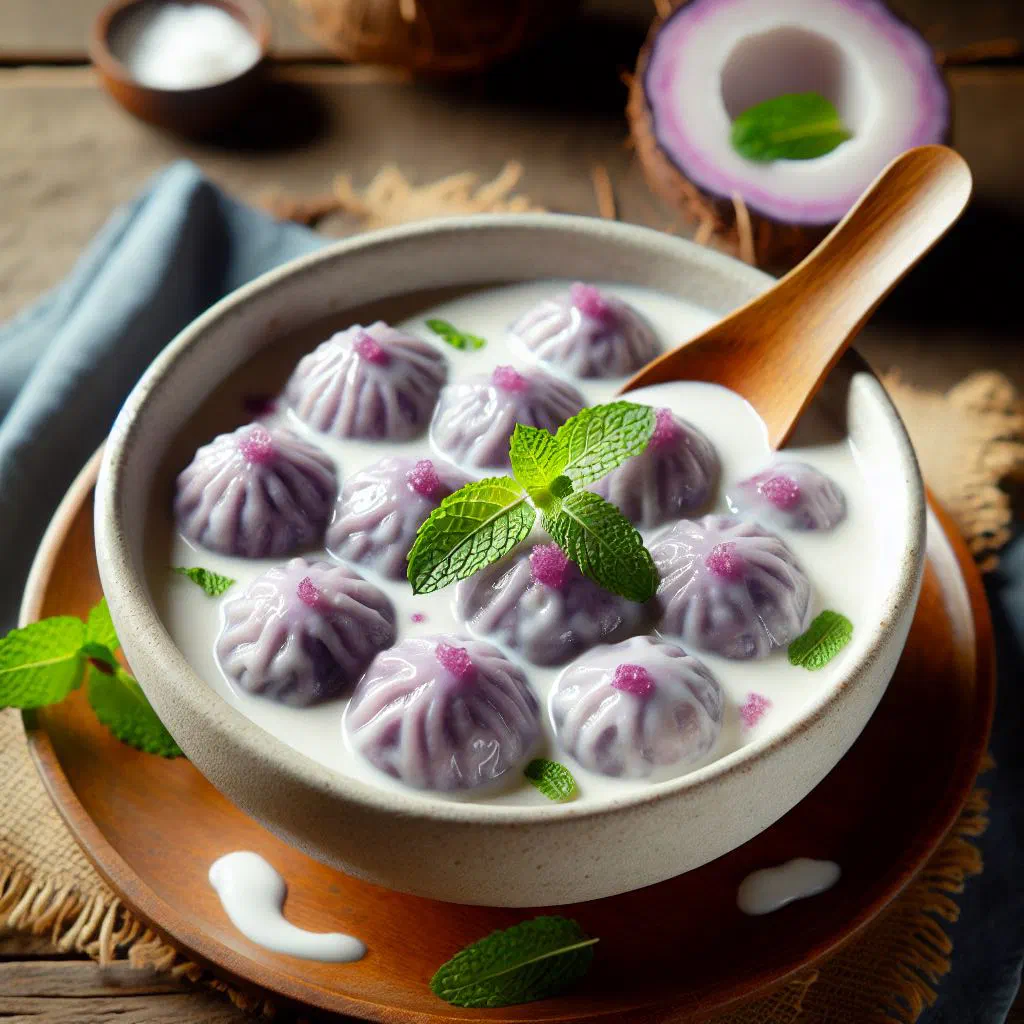 Soft taro dumplings served in creamy coconut sauce