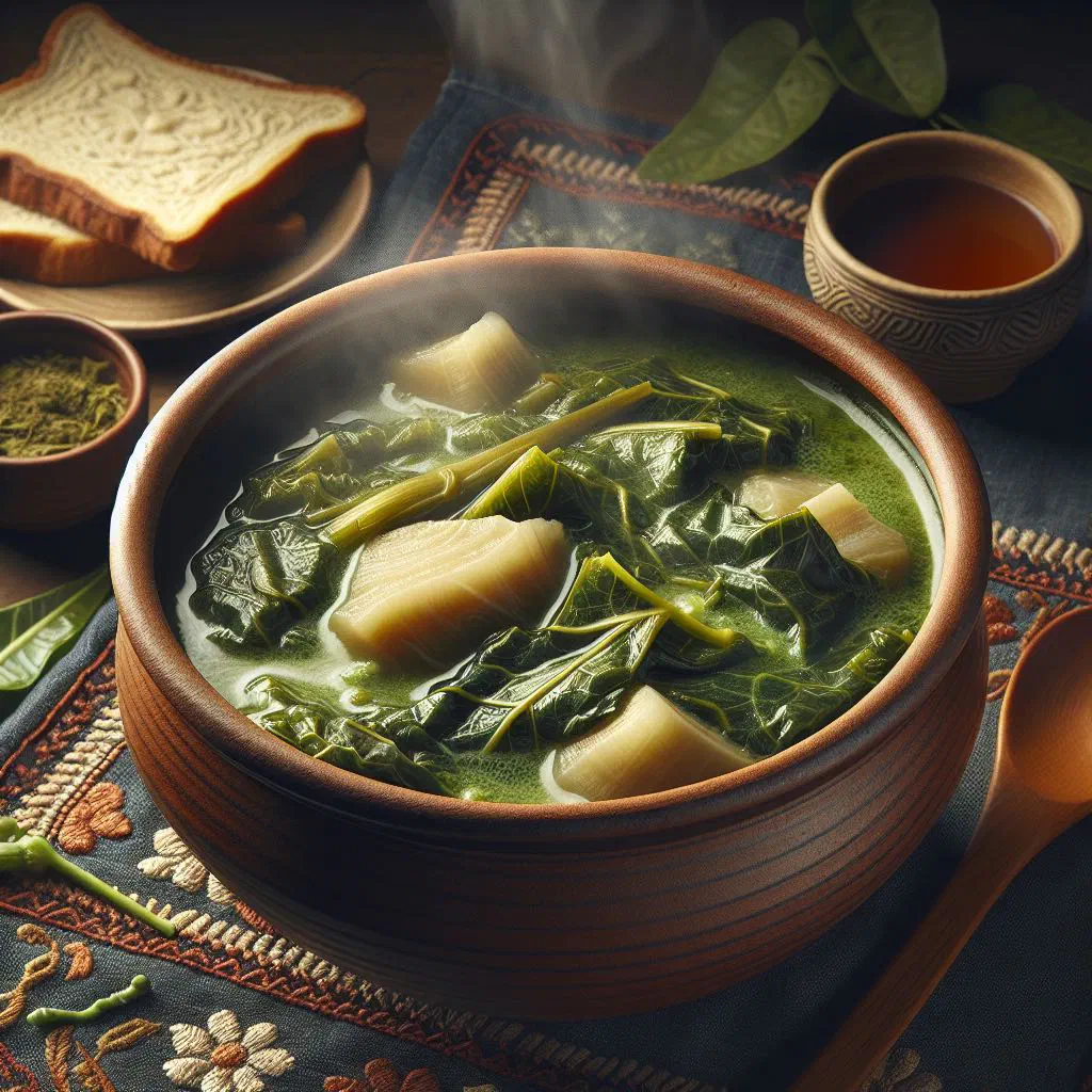 A bowl of creamy green Fijian taro leaf soup with coconut milk