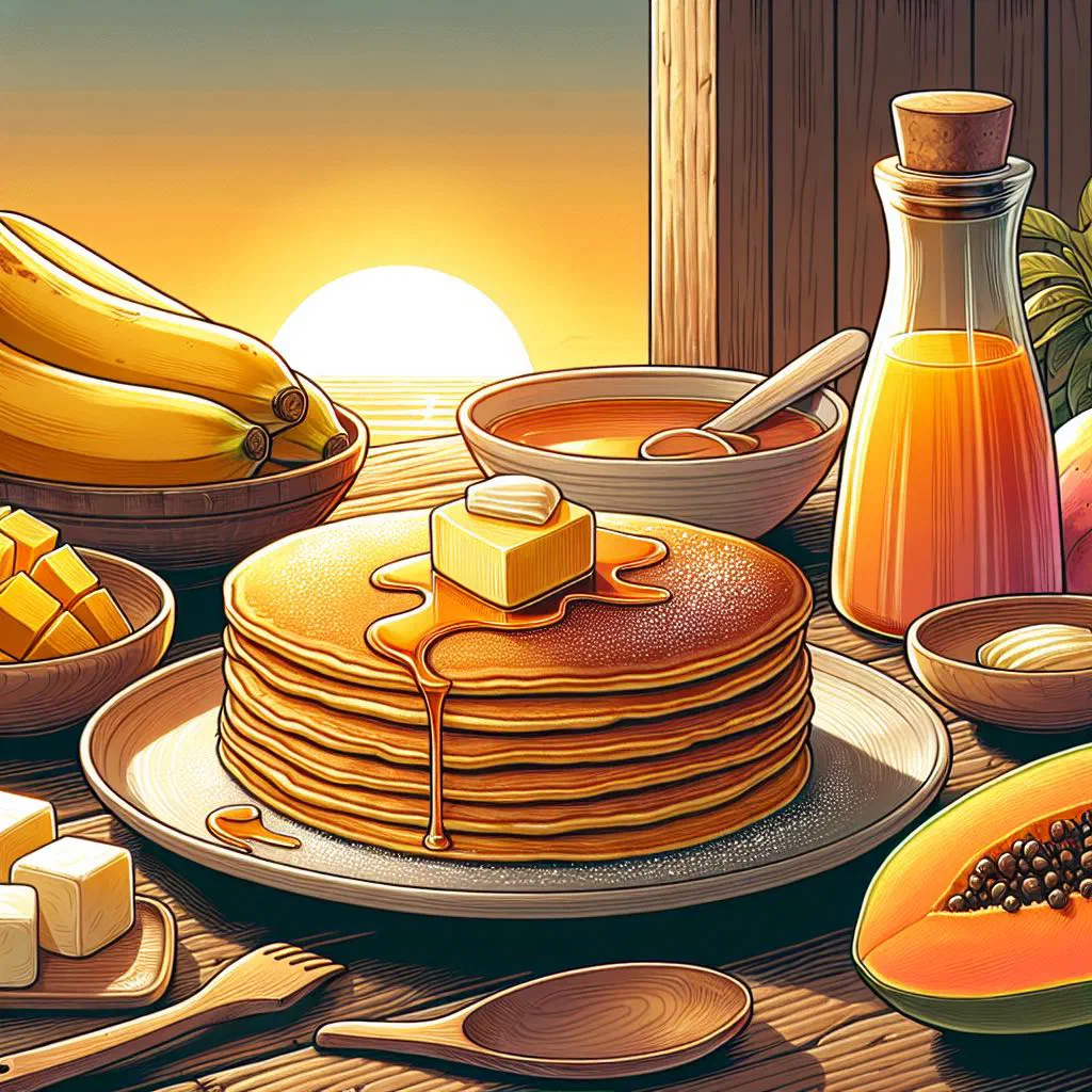 Golden tavioka pancakes stacked on a plate with fresh fruit