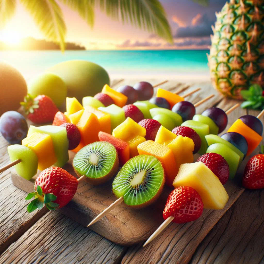 Colourful tropical fruit skewers with pineapple, mango and papaya garnished with mint