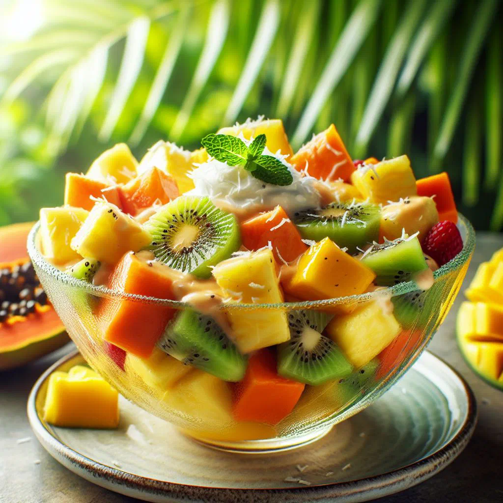 Bowl of diced tropical fruit with creamy coconut dressing and fresh mint