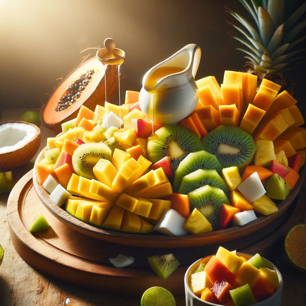 Bowl of tropical fruit salad with mango, pineapple and kiwi, dressed with honey and lime and garnished with mint