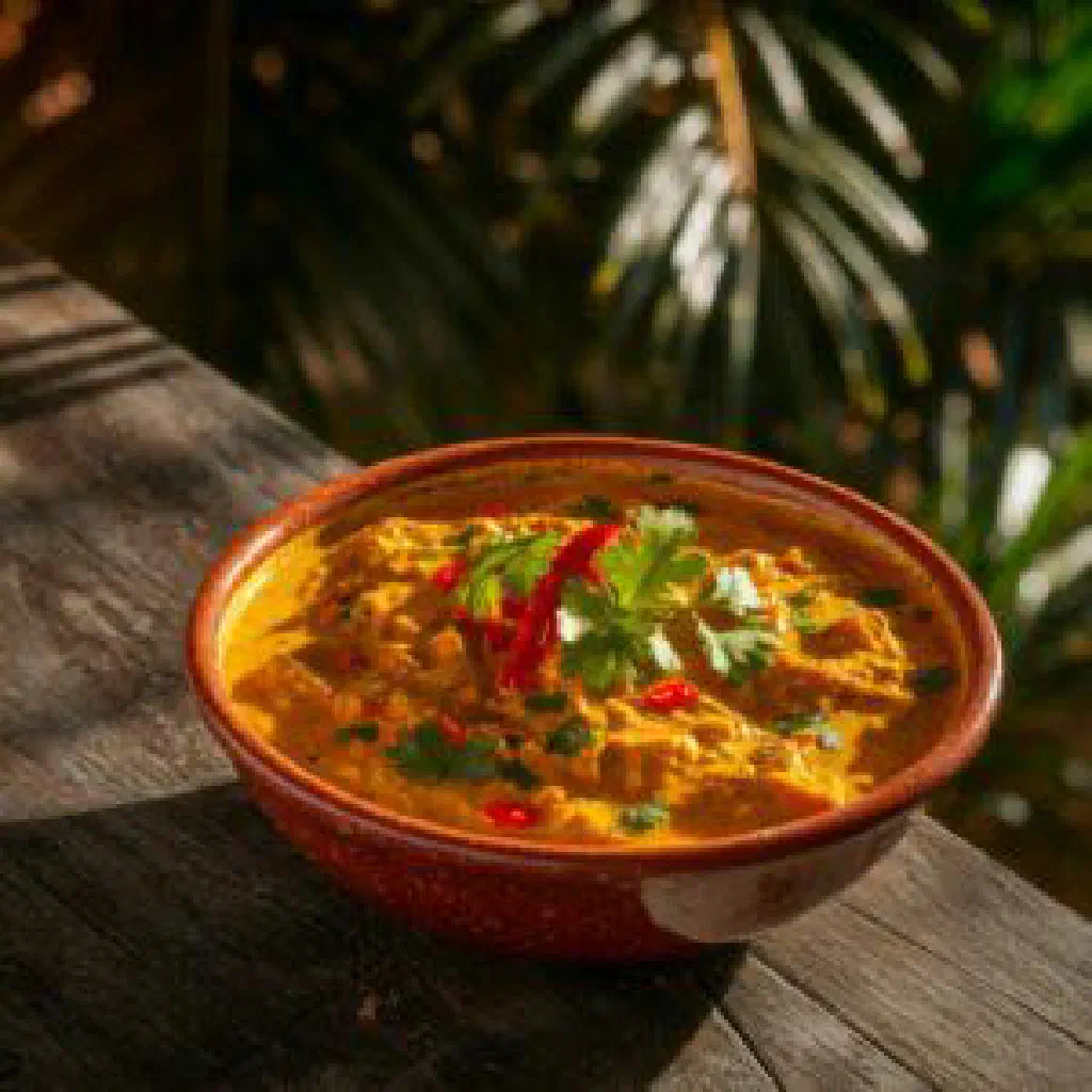 A bowl of creamy Fijian uto curry topped with fresh coriander