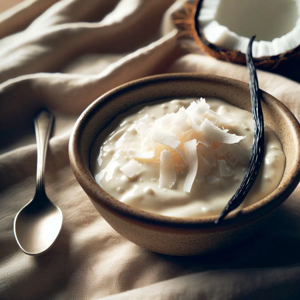 Creamy vanilla coconut pudding topped with fresh mango and grated coconut