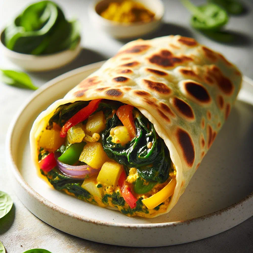 Vegetable roti wrap filled with curried mixed vegetables and fresh herbs