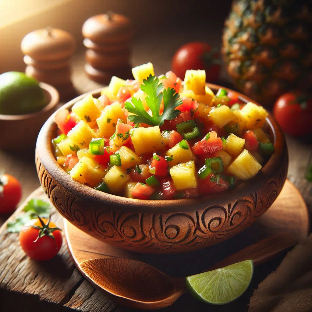 Warm pineapple salsa with red pepper, jalapeño and fresh coriander