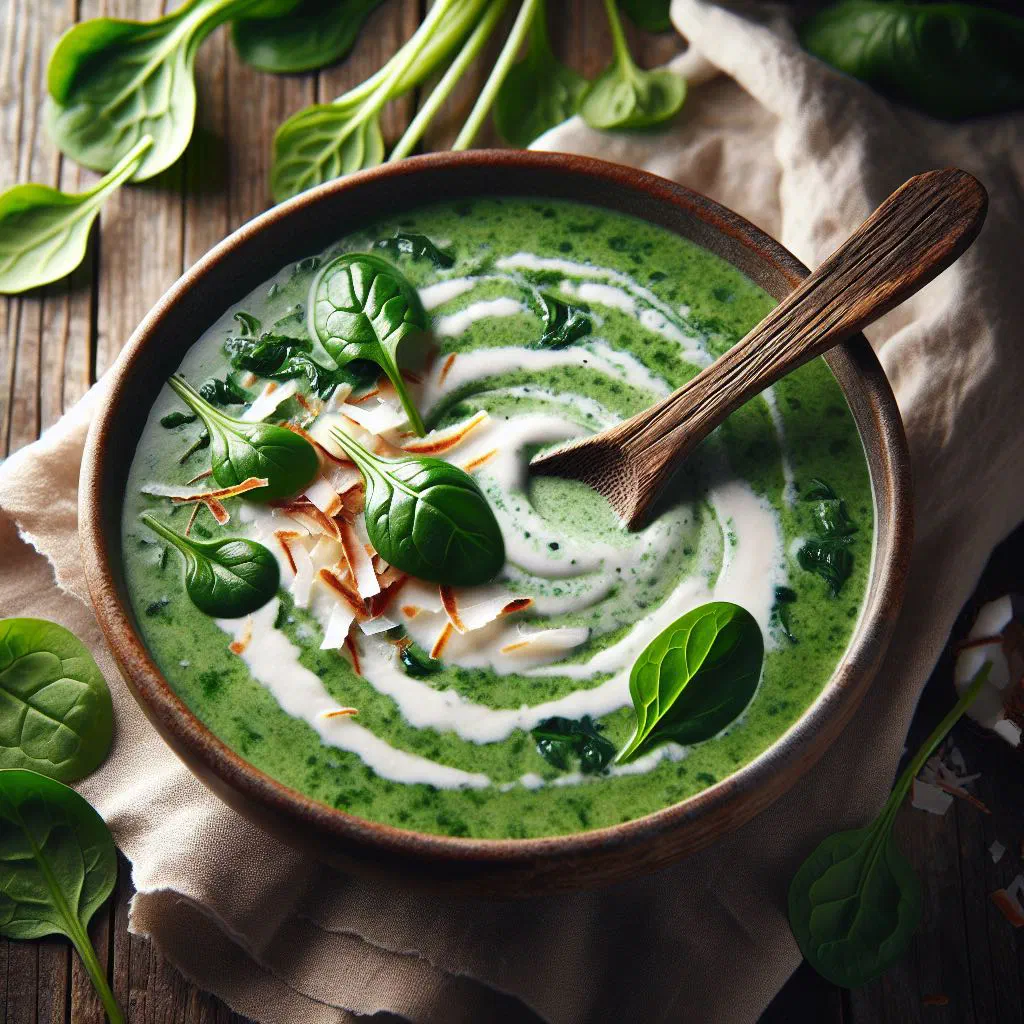A bowl of creamy watercress and coconut soup garnished with fresh herbs and lime
