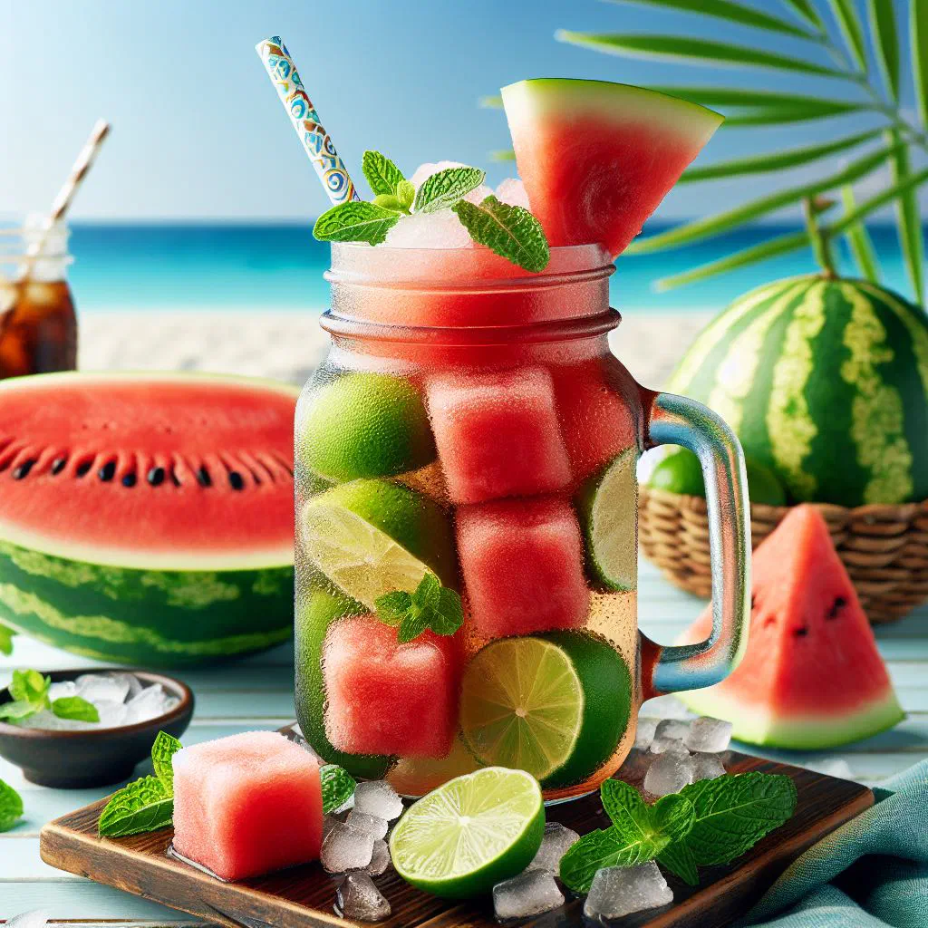 A glass of watermelon and lime cooler over ice, garnished with fresh mint