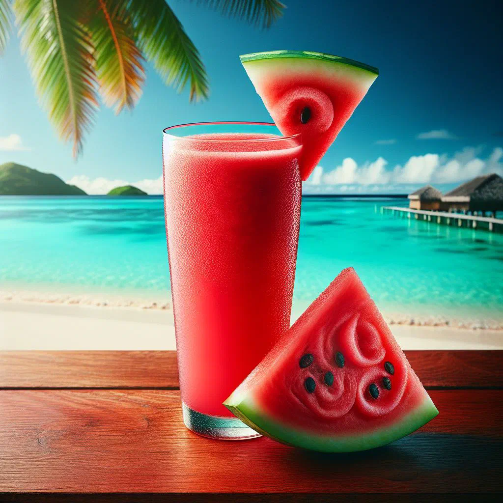 Glass of fresh Fijian watermelon juice garnished with mint and lime