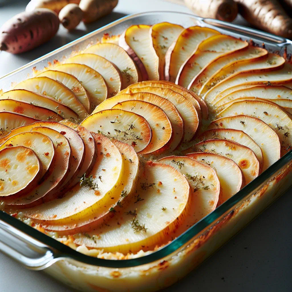 Golden baked yam and cassava bake fresh from the oven