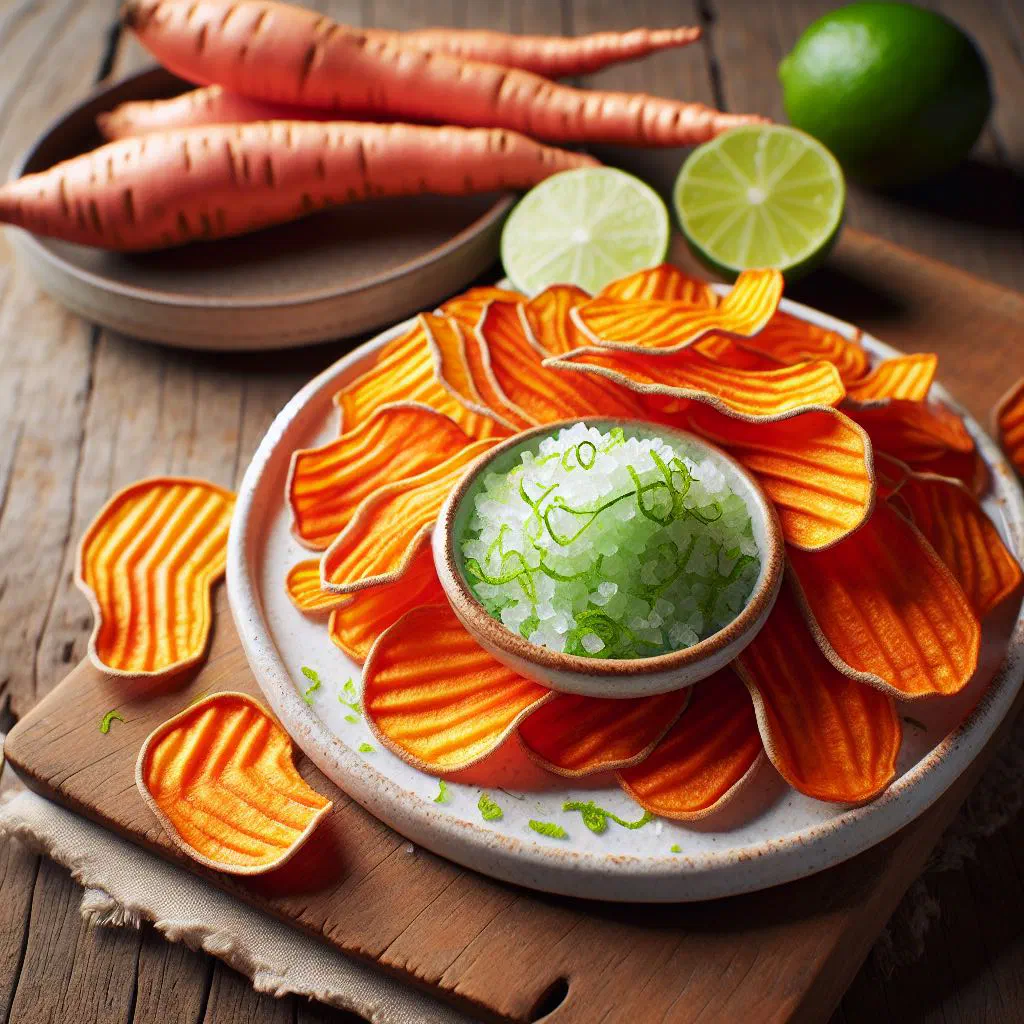 Crisp golden yam chips dusted with lime salt and fresh lime slices