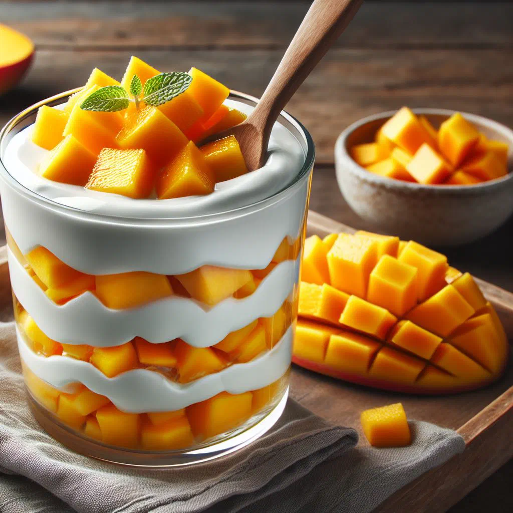 Layered yogurt and mango parfait in a glass topped with granola and mint