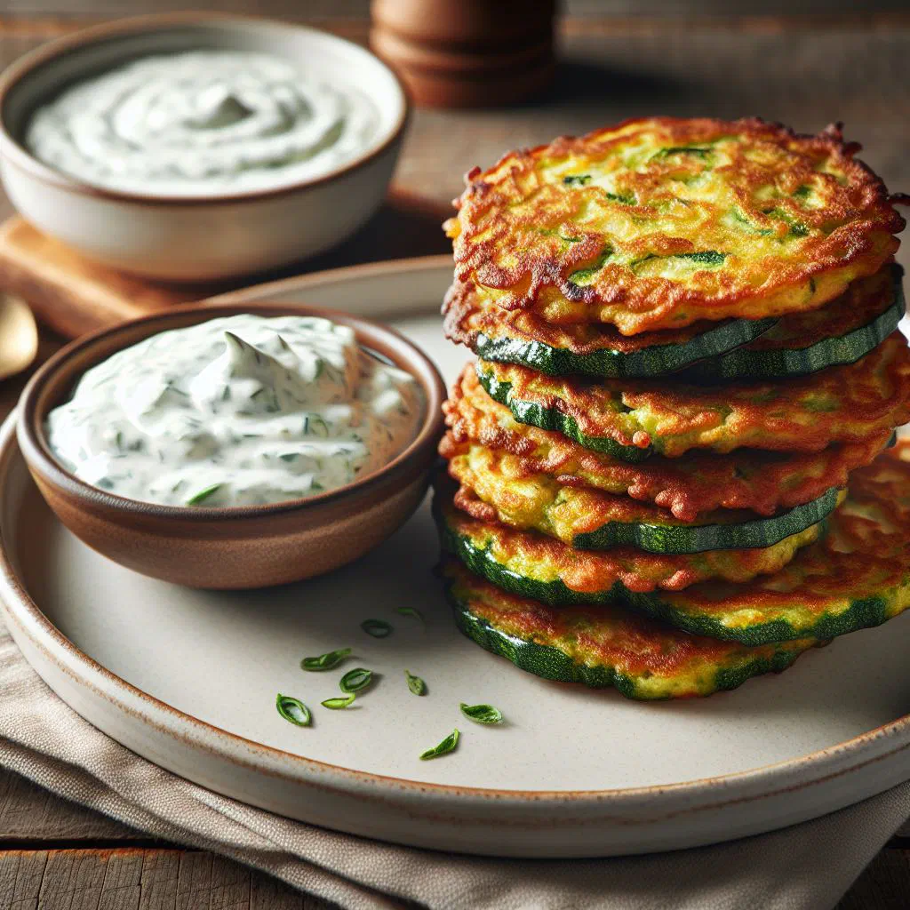 Golden zucchini fritters served with a fresh green herb dip