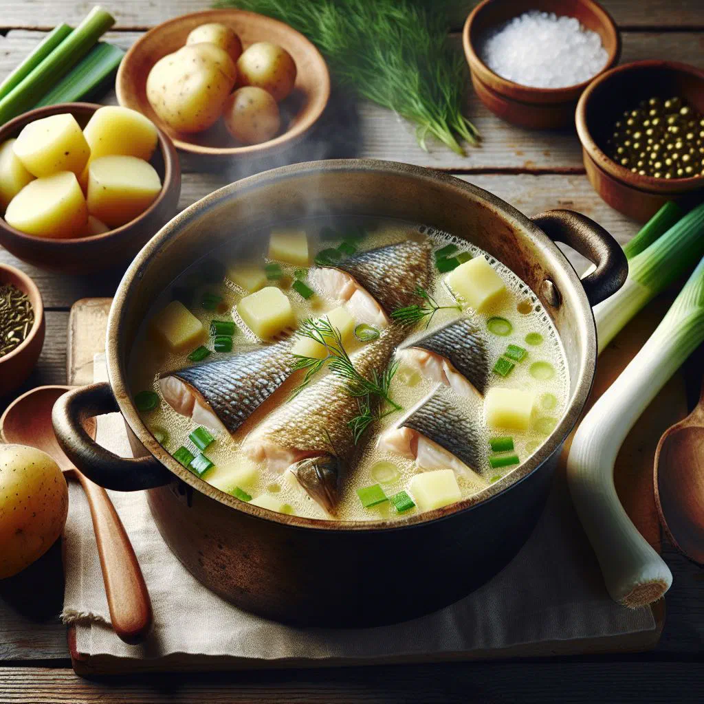 Bowl of Finnish perch soup with potatoes and fresh dill