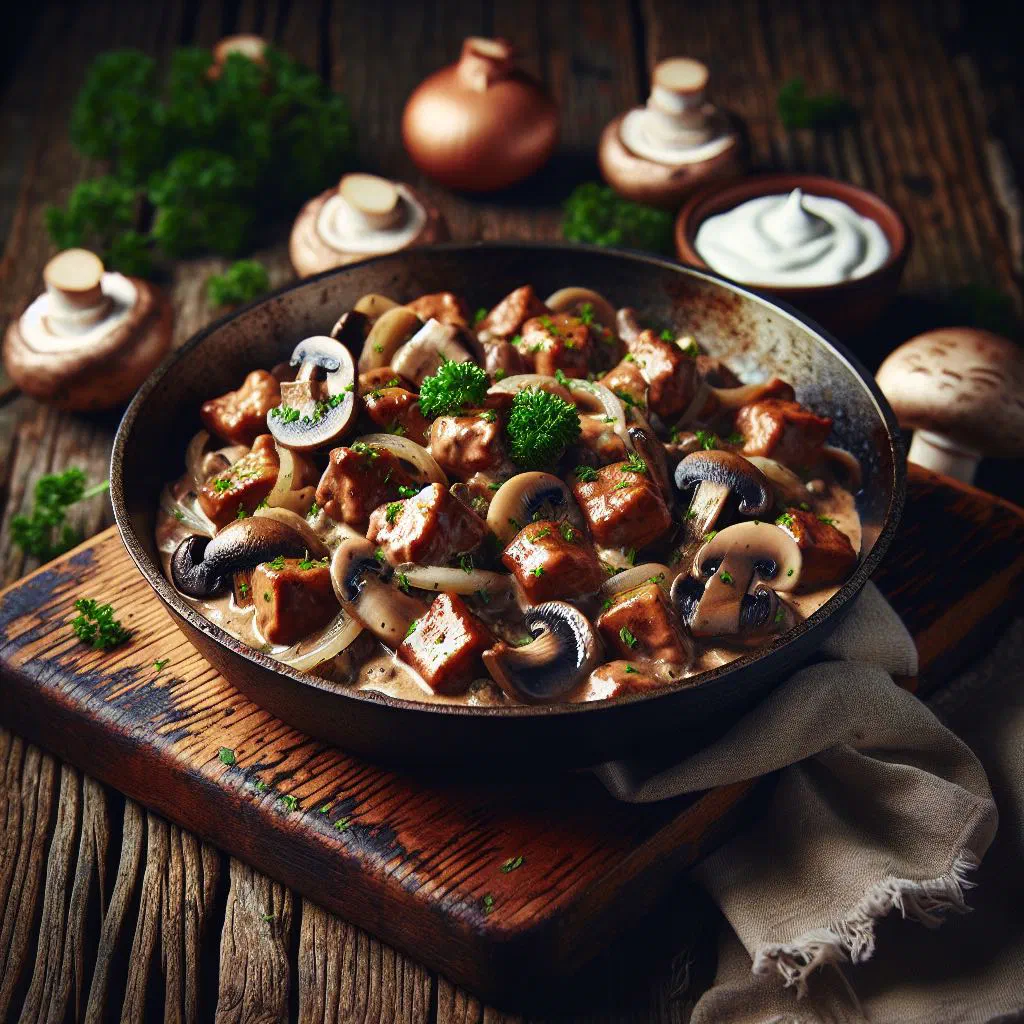 Creamy Finnish härkis stroganoff in a deep bowl with fresh herbs