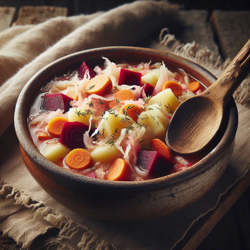 Bowl of Finnish sauerkraut soup with potatoes, carrots and fresh dill