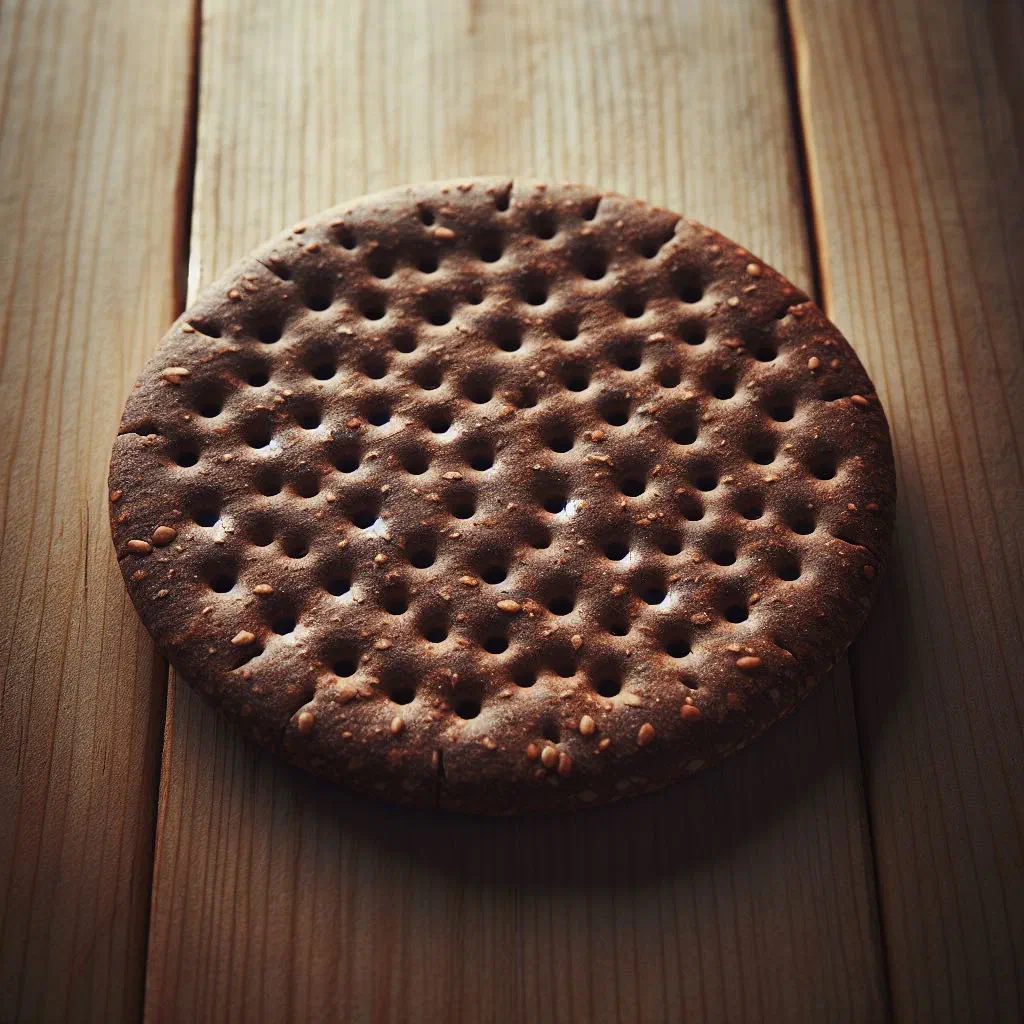 Crisp round Finnish hapankorppu rye crispbreads stacked on a wooden board