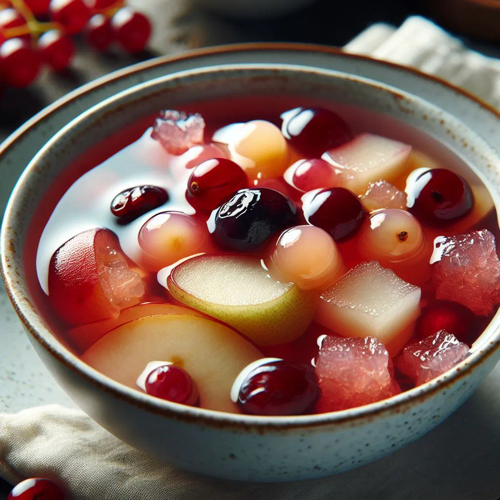 Bowl of Finnish fruit pudding topped with fresh berries and mint
