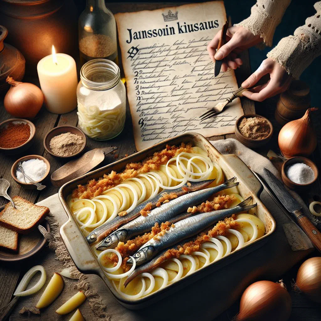 Golden baked Janssonin kiusaus potato and sprat gratin in a dish