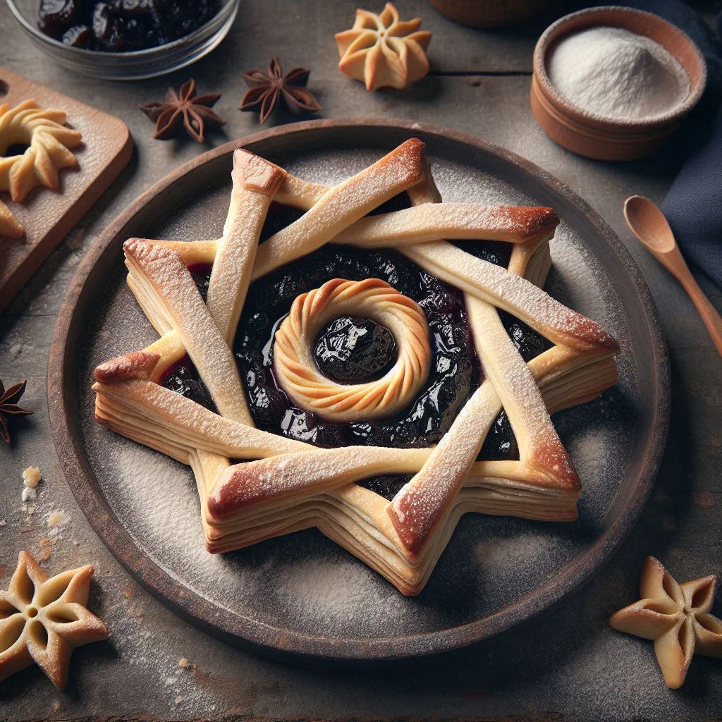 Star-shaped Joulutorttu pastries filled with prune jam and dusted with icing sugar