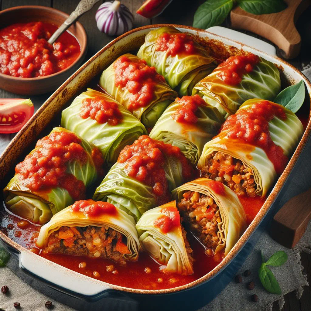 Finnish cabbage rolls baked in tomato sauce and garnished with fresh dill