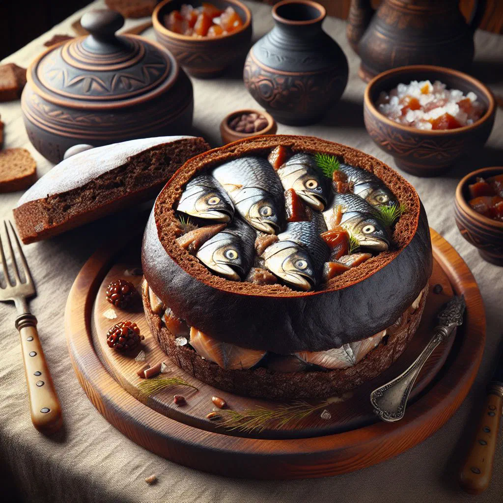 A rustic loaf of kalakukko sliced open to reveal the fish and rye filling