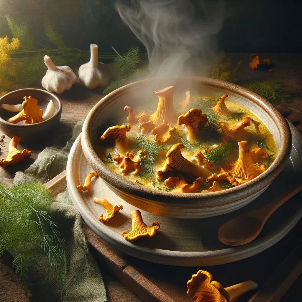 Creamy Finnish chanterelle stew in a rustic bowl with fresh herbs