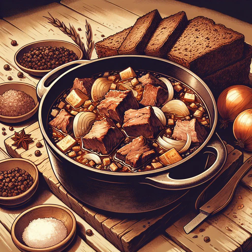 Karjalanpaisti stew with tender beef, pork, carrots and potatoes in a rustic pot