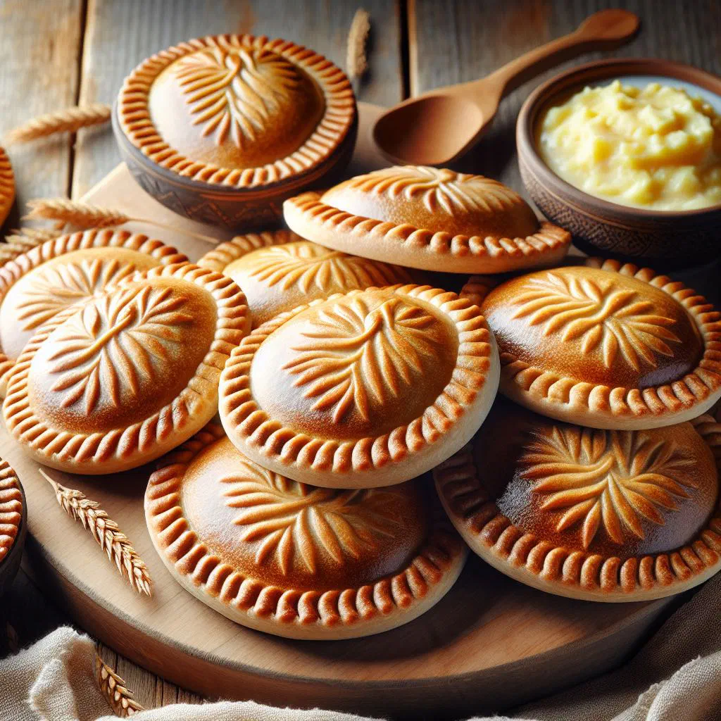 Golden Karelian pasties with creamy rice filling on a wooden board