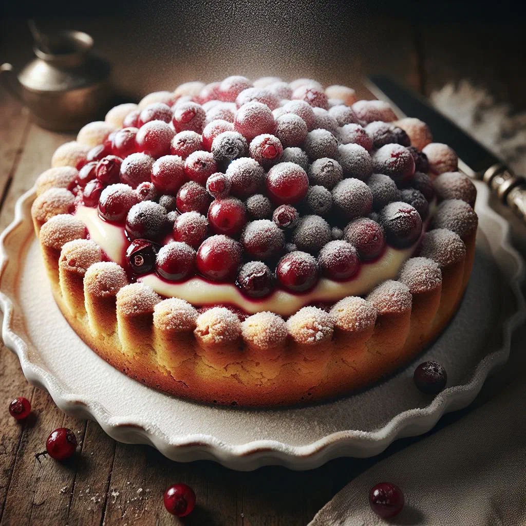 Finnish cranberry cake dusted with icing sugar and scattered with fresh berries