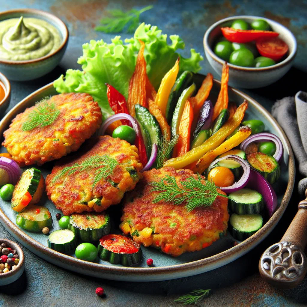 Golden-brown Finnish vegetable patties with a herb dip
