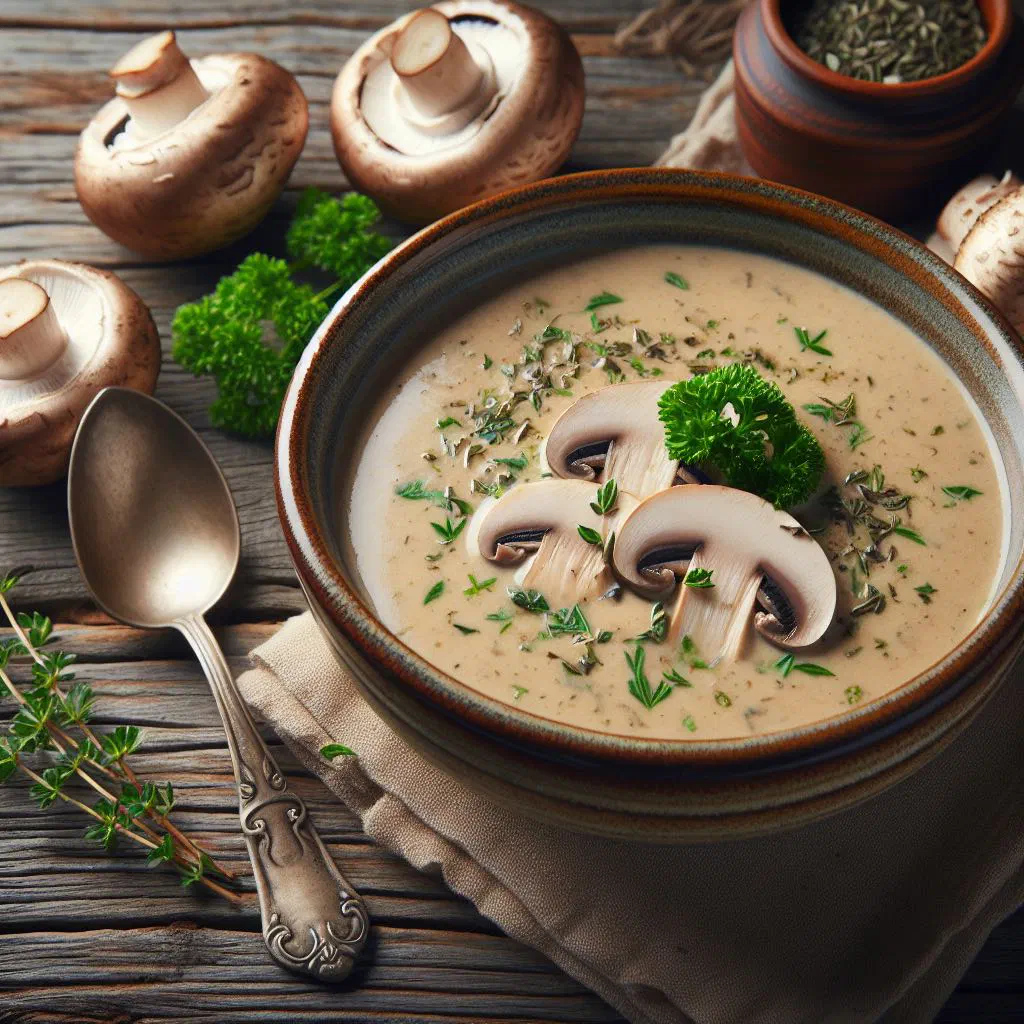 Bowl of creamy Finnish mushroom soup garnished with fresh herbs