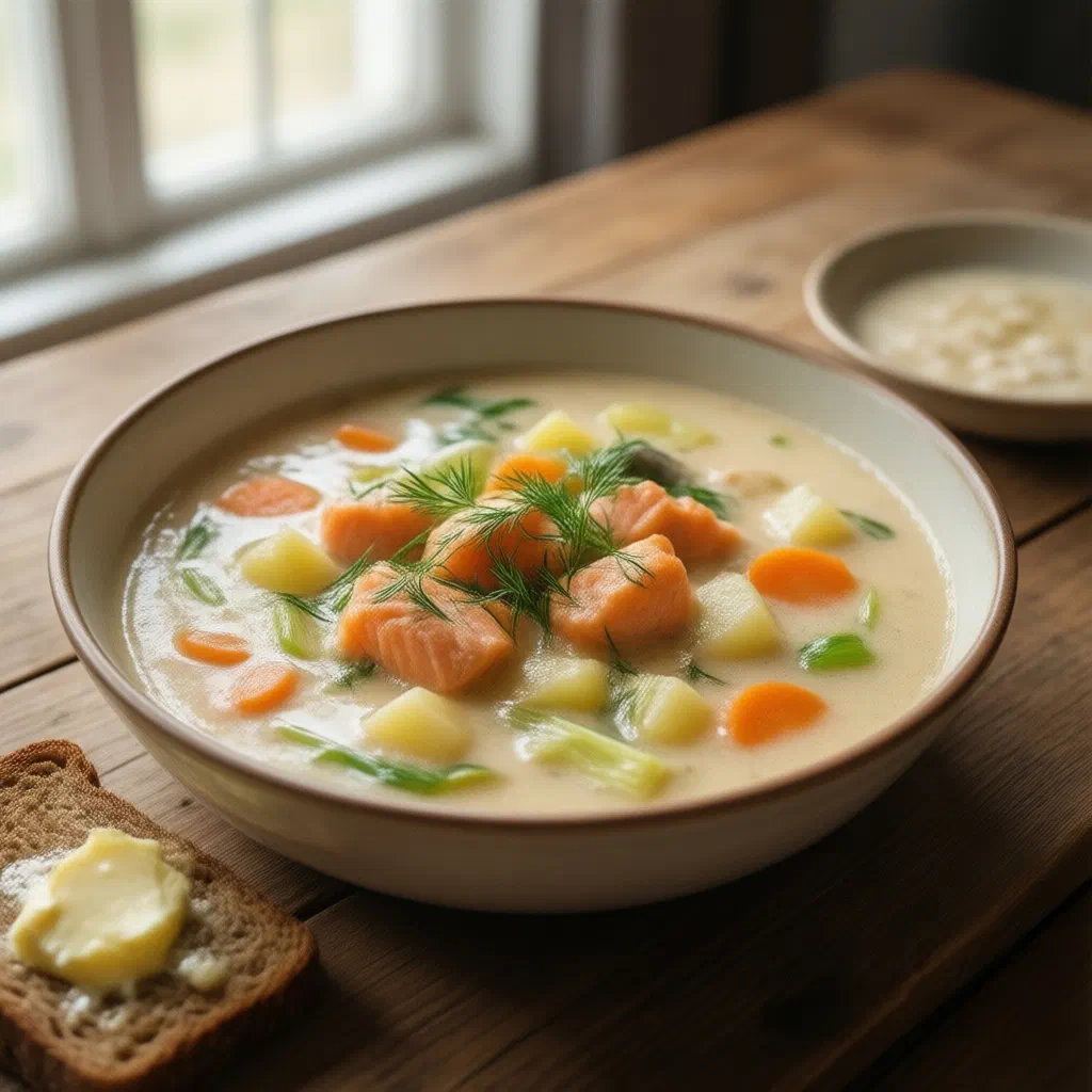 A bowl of creamy Finnish salmon soup topped with fresh dill