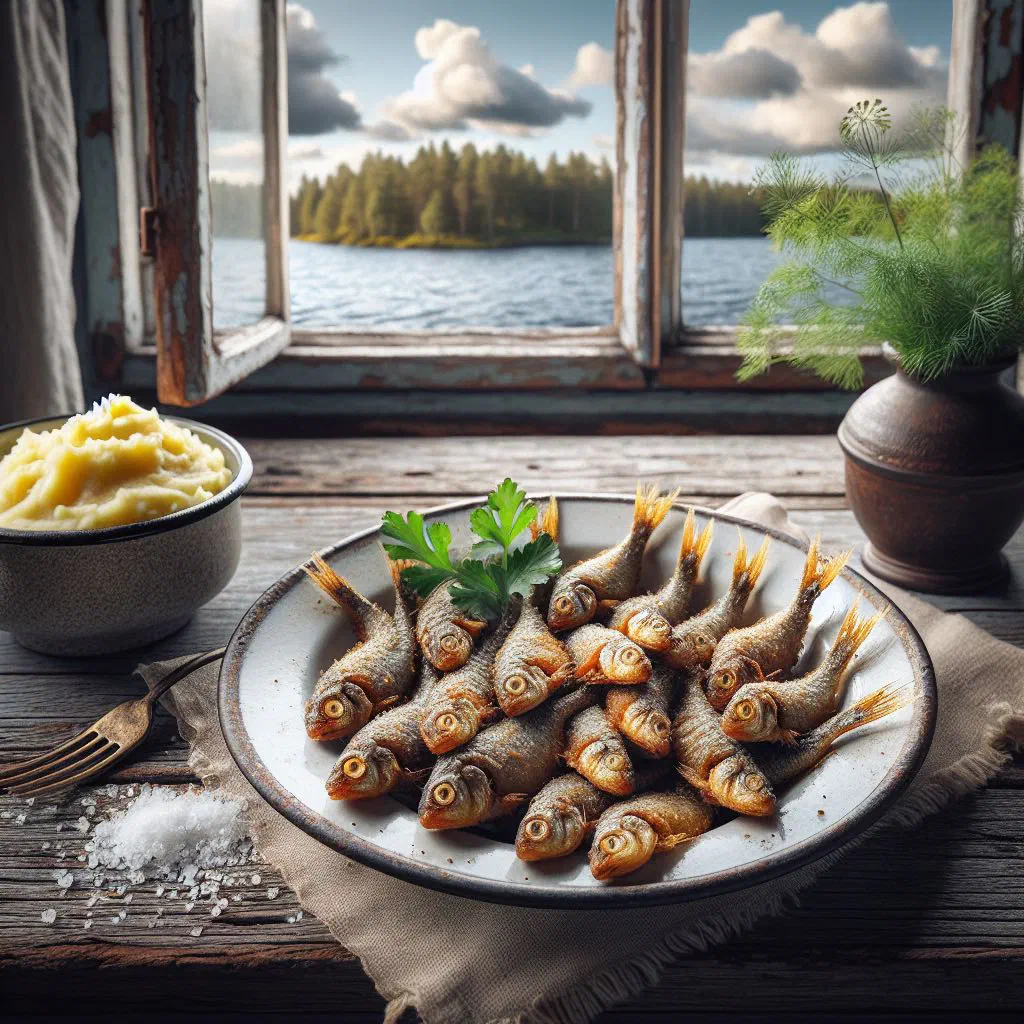 Golden pan-fried muikku vendace served with lemon wedges
