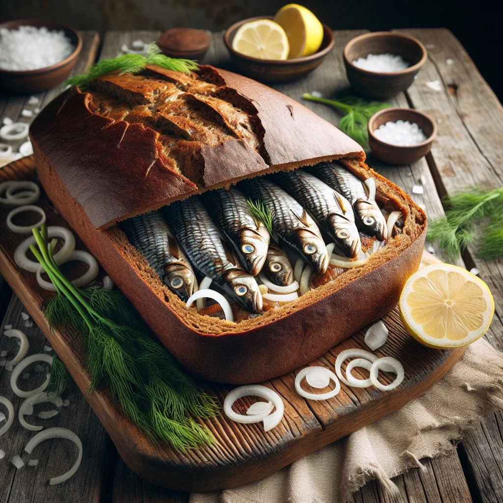 Golden baked Finnish muikkukukko fish pie with a crisp potato-dough crust