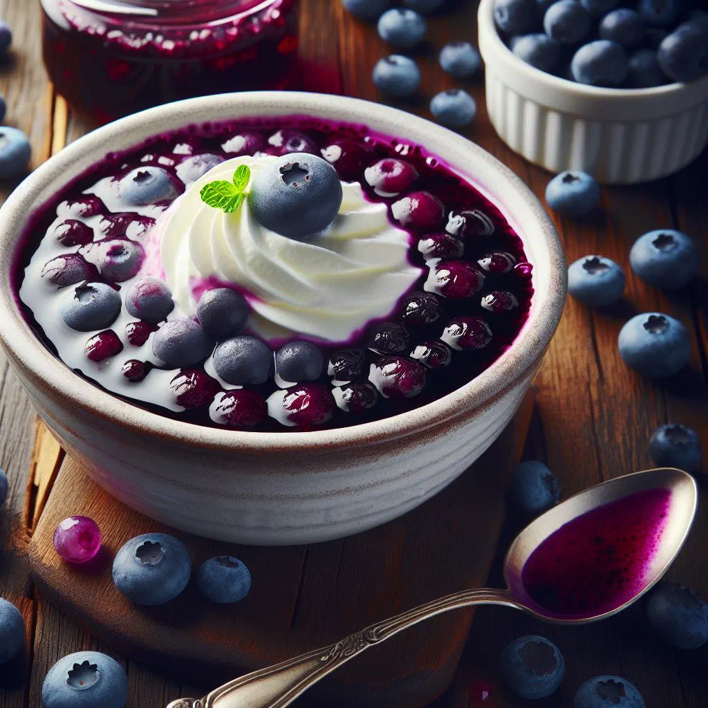 Deep purple Finnish blueberry soup in a bowl, garnished with fresh berries