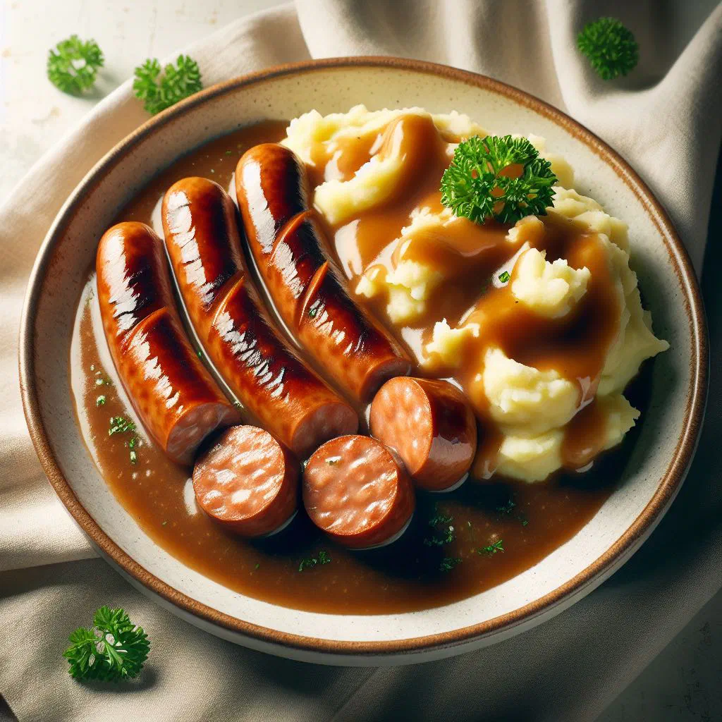 Creamy Finnish sausage sauce served with boiled potatoes and parsley