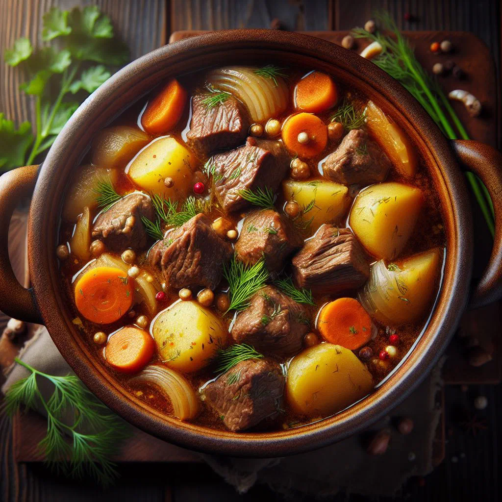 Finnish beef and root vegetable stew in a deep bowl with fresh parsley