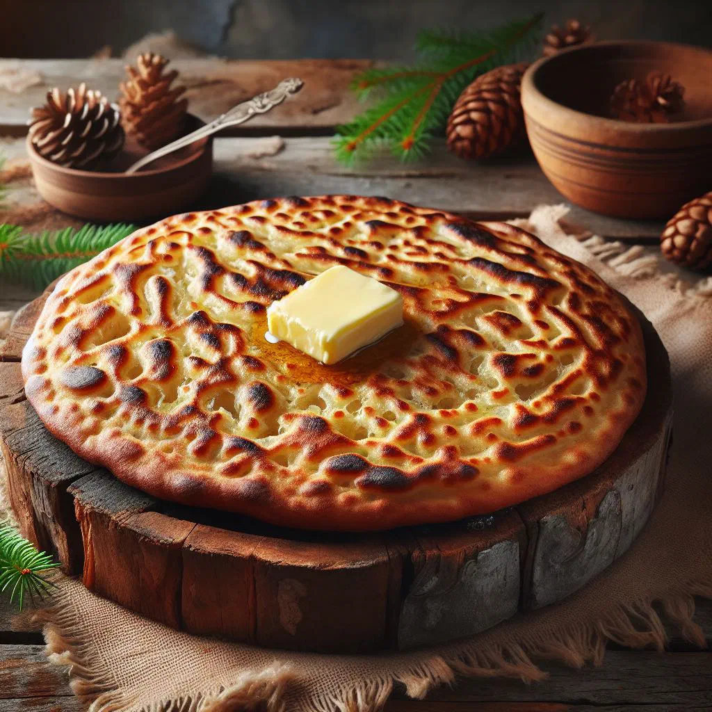 Golden pan-fried Finnish potato flatbreads with soured cream and fresh dill