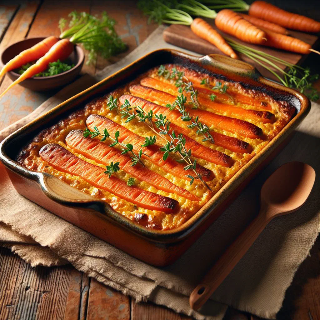 Baked Finnish carrot casserole with a golden, caramelised crust in a dish