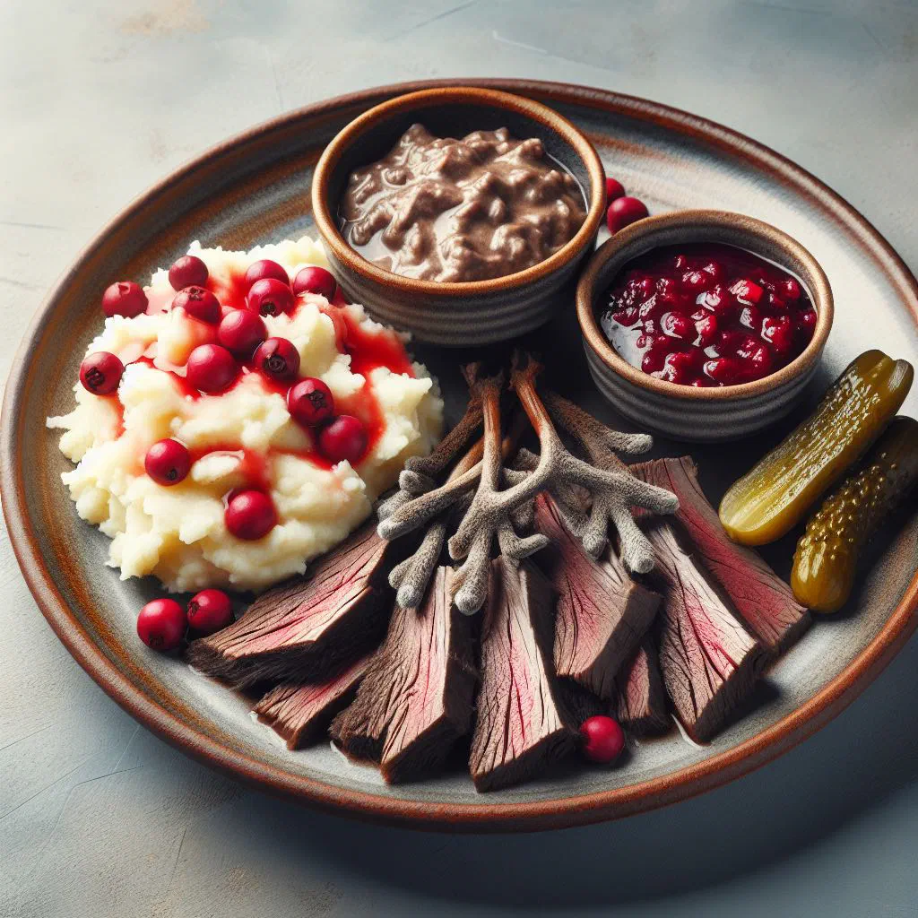 Sautéed reindeer with onions and potatoes in a rustic bowl