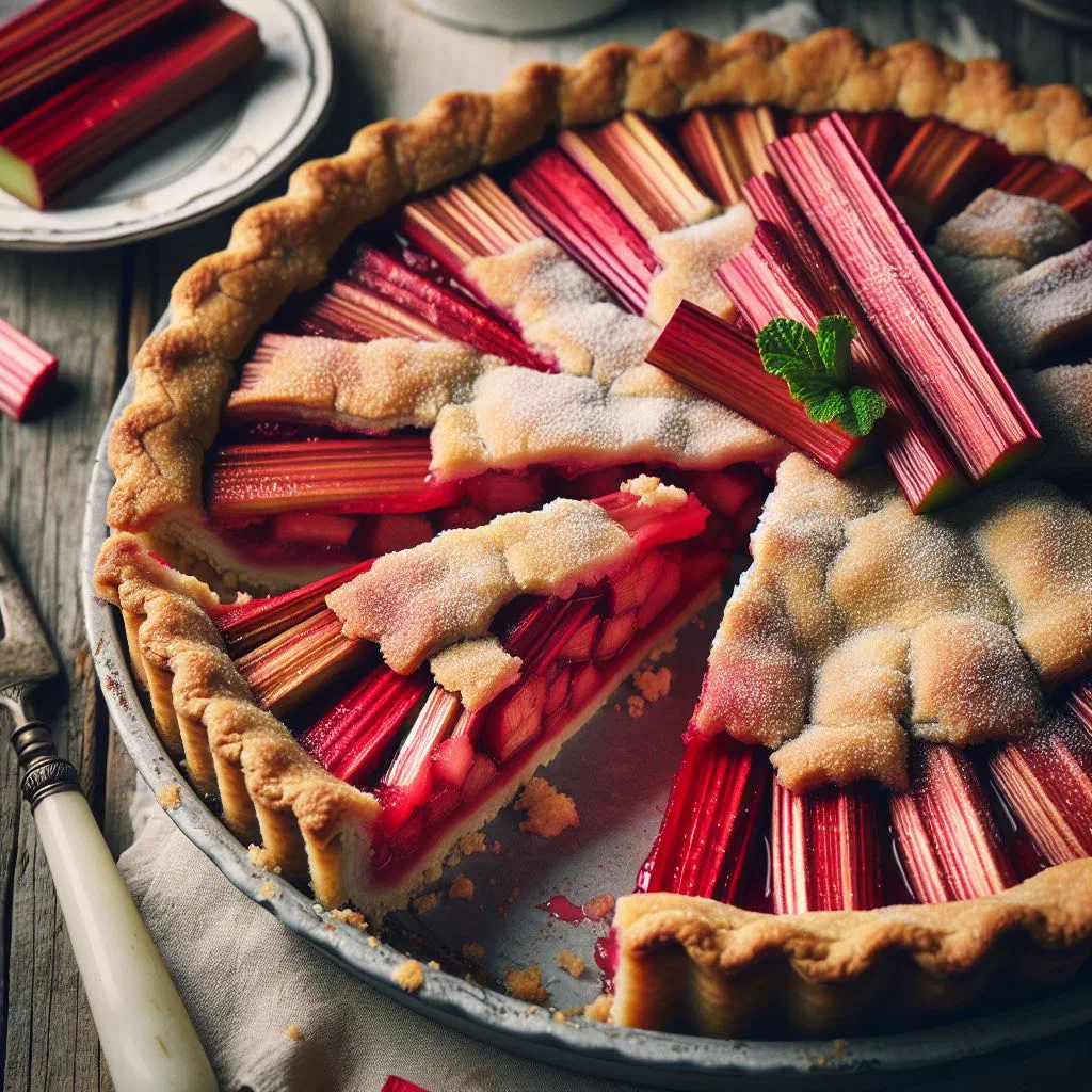 Golden Finnish rhubarb cake dusted with icing sugar, cut into squares
